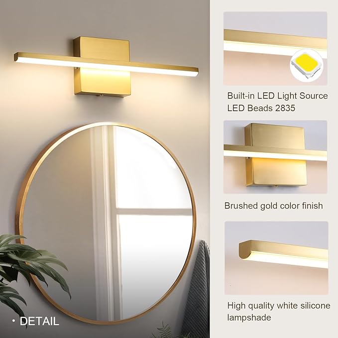 Brushed Gold Vanity Light 16 Inch Modern Bathroom Light Fixtures 14W Wall - Image 3