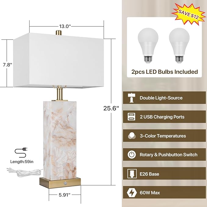 25.6" Alabaster Lamp, Marble Lamp Nightstand Lamps Set of 2, Table Lamps - Image 2