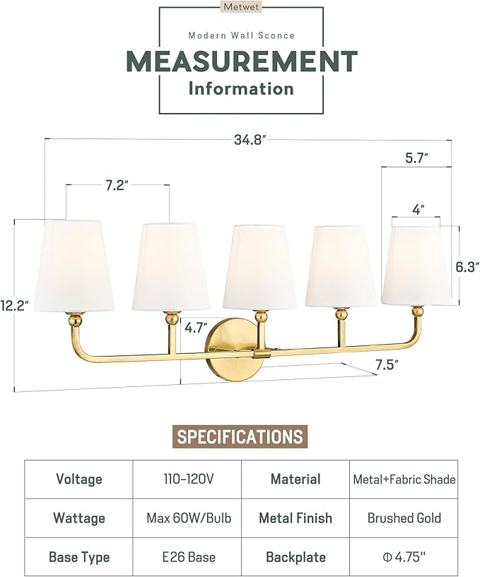 Bathroom Light Fixtures, 5 Light Brushed Gold Vanity Lights - Image 2