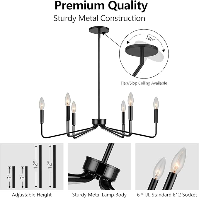 Black Chandelier for Dining Room, 6-Light Farmhouse Kitchen Light Fixtures Over - Image 5