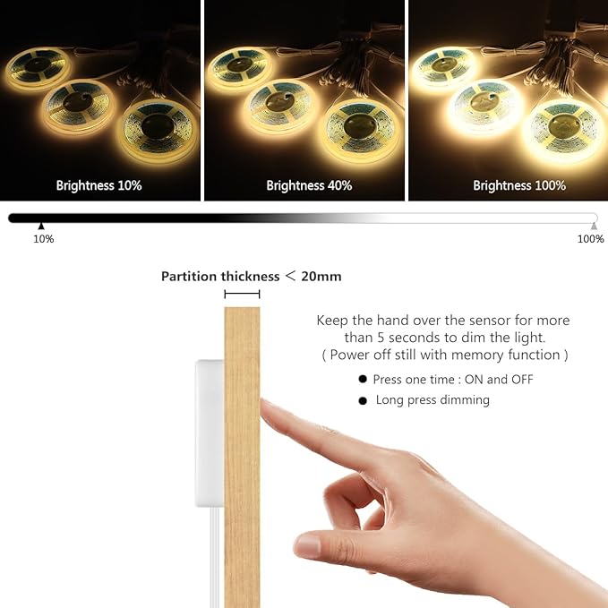 AIMENGTE 12V COB LED Cabinet Light Strip, 6-in-1 Penetrable Touch Dimming - Image 3