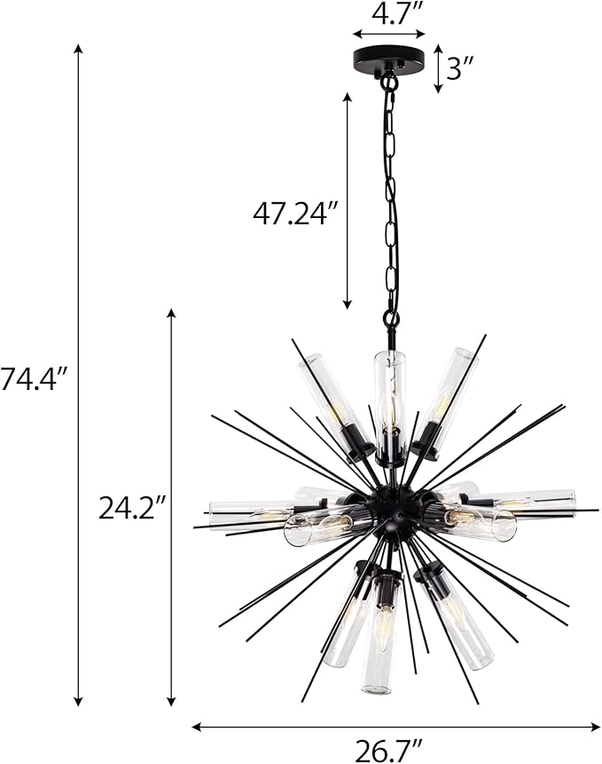 Wellmet Black Sputnik Chandelier Light 12 Lights, Mid Century Modern Chandeliers - Image 4