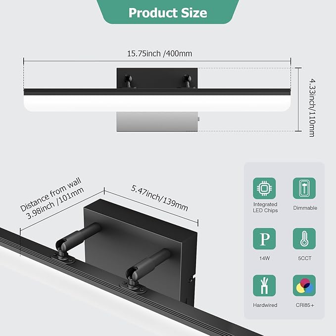 15.7" Black LED Bathroom Vanity Light 5CCT–Dimmable Wall Mount Fixture - Image 5