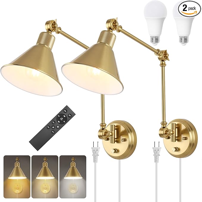 TRLIFE Wall Sconce with Remote Control, Brushed Brass Plug in Wall Sconces by TRLIFE