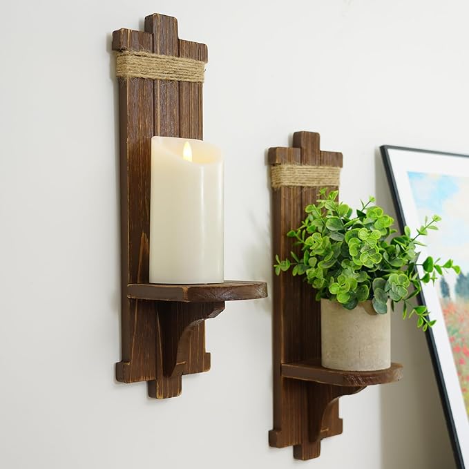 Homemory Wall Sconces Candle Holder Set of 2, Farmhouse Wooden Rustic Wall Decor - Image 4