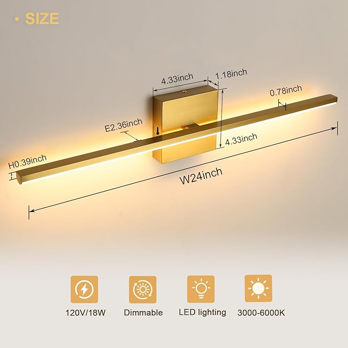 Modern Bathroom Vanity Light 24 Inch, 18W Brushed Brass Bathroom Light Fixture - Image 3
