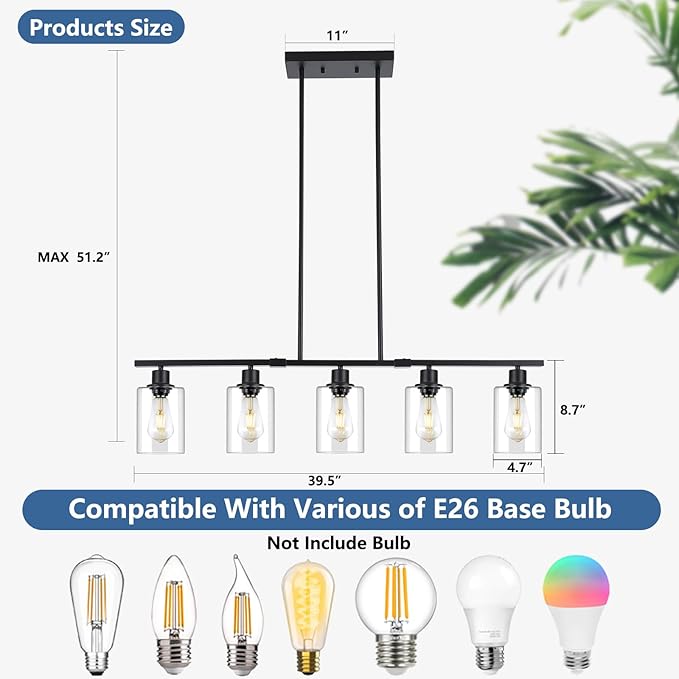 39.4" Kitchen Island Lighting, 5 Lights Clear Glass Pendant Light Fixtue - Image 3