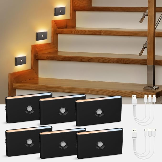 wowatt 6 Packs Rechargeable Motion Sensor Stair Light Black Battery Night Lights - Image 9