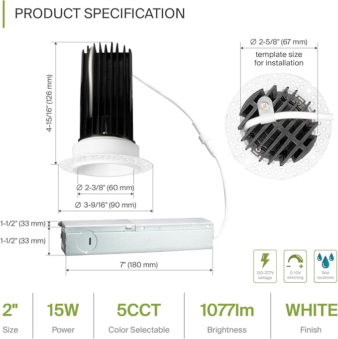 ASD Trimless 2 Inch LED Recessed Lighting, 15W 120-277V Commercial Downlight - Image 2