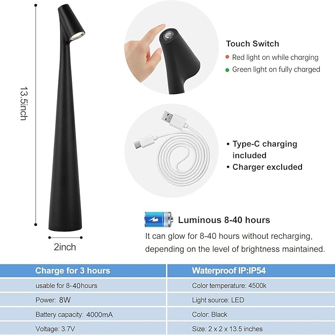 Black Set of 2 Cordless Table Lamps Rechargeable Battery Operated Lamp Touch - Image 6