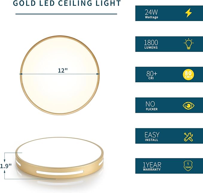 Gold Flush Mount Ceiling Light Fixture LED, 24W Bathroom Light Fixture Ceiling - Image 3