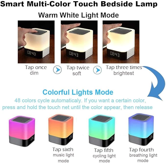 Night Lights Bluetooth Speaker, Alarm Clock Bluetooth Speakers Touch Sensor - Image 4