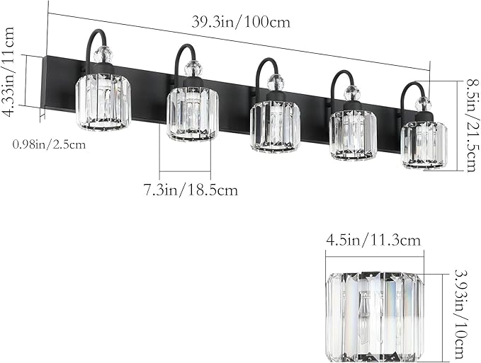 Ralbay Modern Crystal Black 5-Light Bathroom Vanity Light, Matte Black Crystal - Image 3