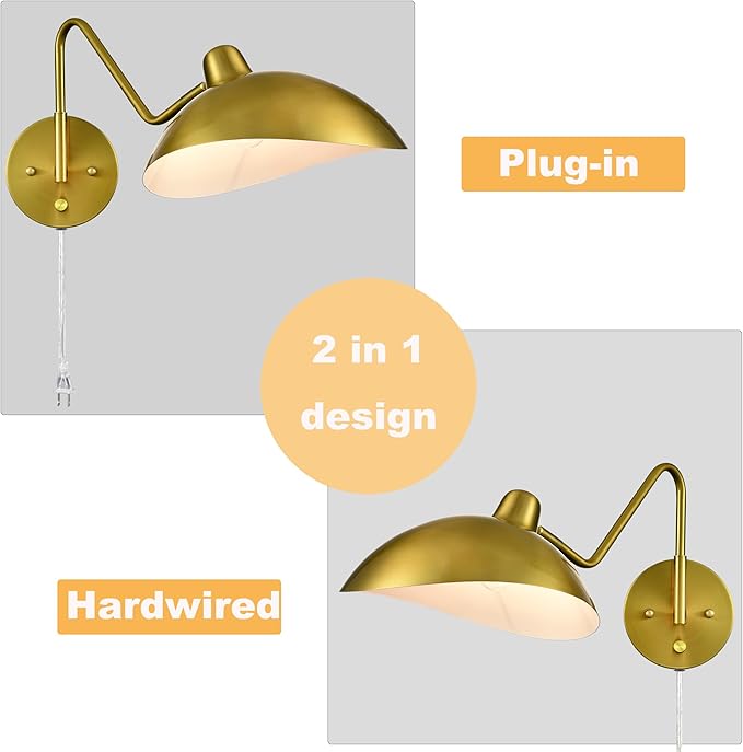 Plug-in Wall Sconce Gold Swing Arm Wall Sconce Brass Wall Lamp - Image 3