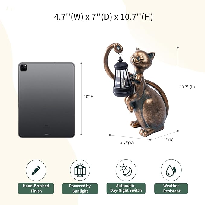 WHIMSYNOOK 10.7" Bronze Cat Solar Garden Statue Light – Cute Kitty Design - Image 3