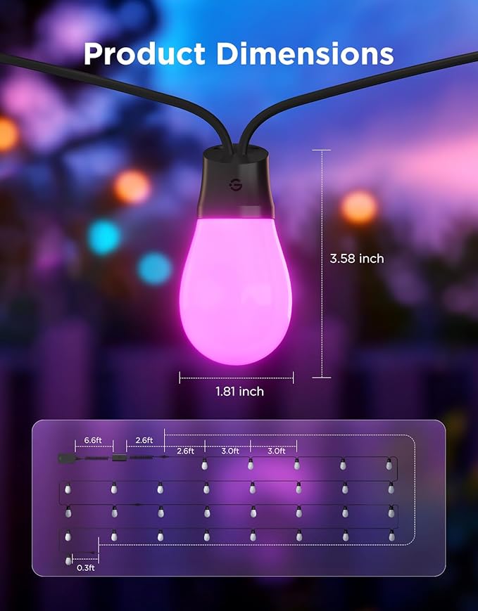 Govee S14 Bulb Outdoor String Lights 2, 96ft Smart RGBIC Warm White Patio Lights - Image 8