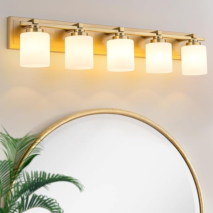 5 Light Modern Bathroom Light Fixtures Over Mirror, Brass Finish Vanity Lights by BRKNIT