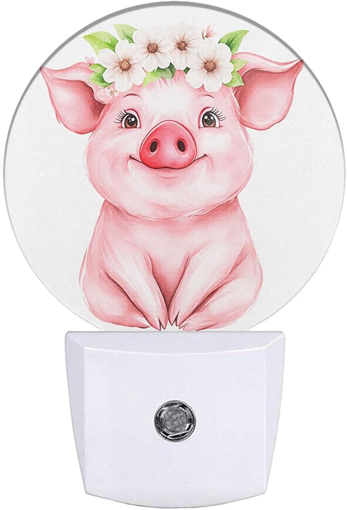 EKOBLA Pig Night Light Floral Wreath Farmhouse Cute Animal Pink Piggy Night by EKOBLA