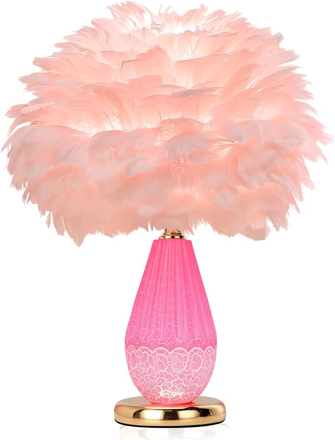 Pink Feather Lamp with Cracked Ice Glass Bottle & Gold Base, Dual Light 3 Color by LINCWONZ