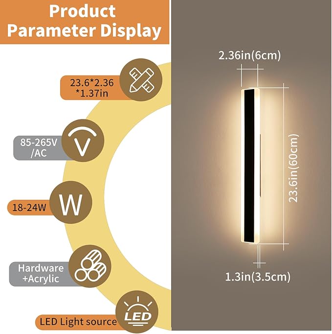 23.6inch Modern Outdoor Wall Light, 3000K Warm White Linear Outside Wall Sconce - Image 4
