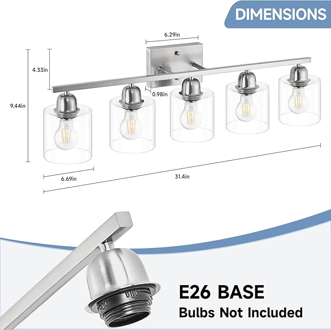 Modern Brushed Nickel 5 Light Bathroom Vanity Light, 31 inch Bathroom Lights - Image 2