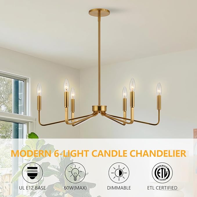 Brushed Gold Chandeliers for Dining Room, 6-Light Modern Farmhouse Chandelier - Image 2