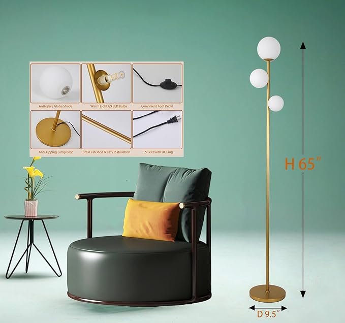 Fiqevs 3 Globe Mid Century Modern Floor Lamp - Image 6