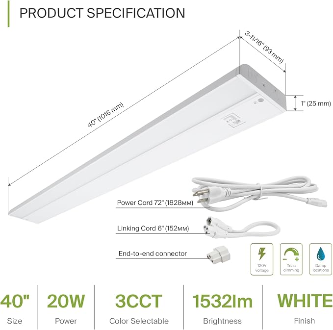 ASD 40 Inch LED Under Cabinet Lighting Plug in or Hardwired, High/Low/Off Switch - Image 2