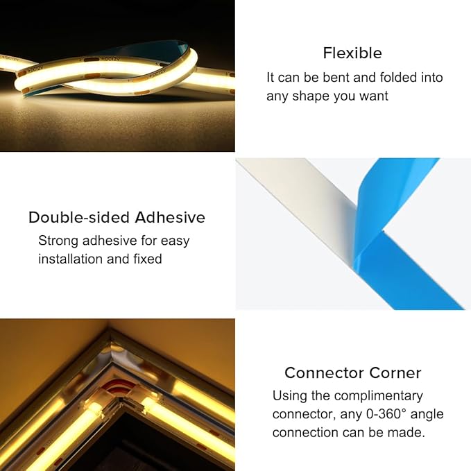 16.4FT COB LED Strip Light IP65 Waterproof DC12V 3000K Warm White Dimmable - Image 5