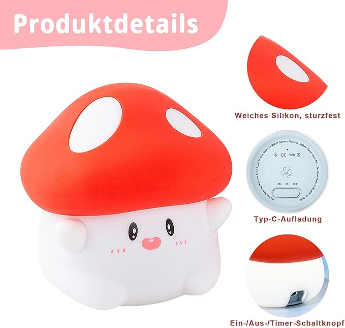 Hug Mushroom Night Light, 50-Hour Battery & Pat Control, Squishy Lamp - Image 8