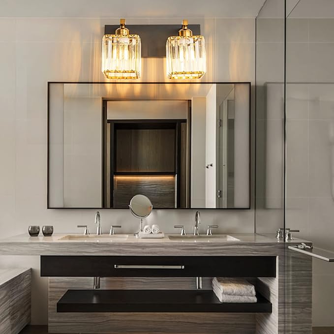 Modern Bathroom Vanity Light 2-Lights Black Gold Crystal Bathroom Wall Light - Image 3
