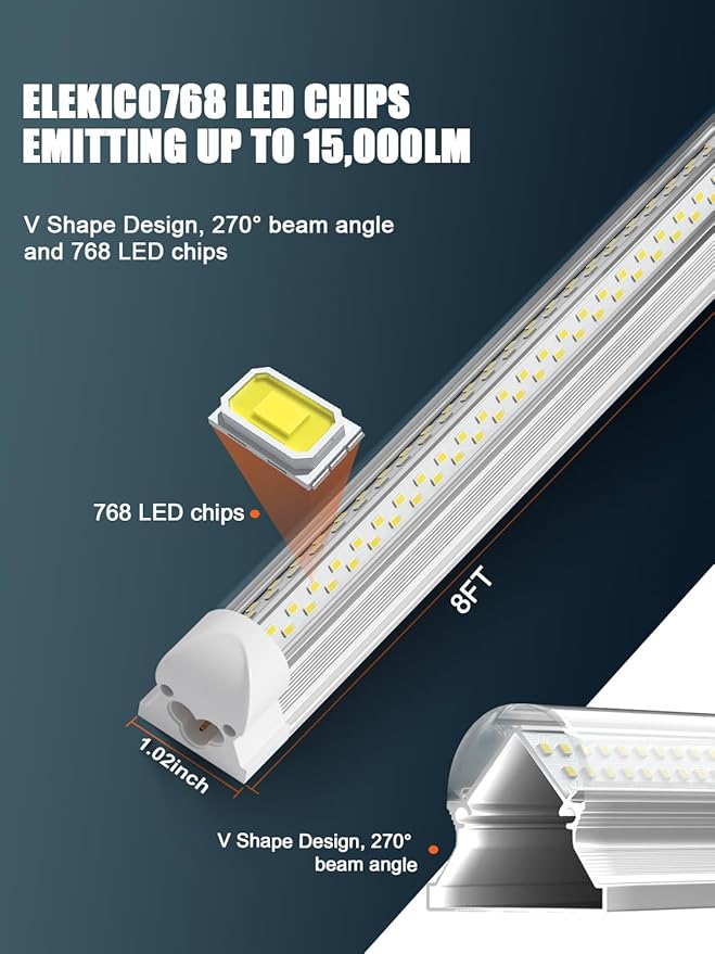 6 Pack 100w 8ft Led Shop Light, Super Bright 15000lm 5000k V Shape 8' Led Shop - Image 3