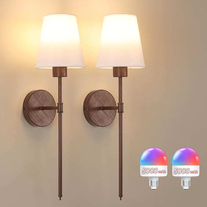 Battery Operated Wall Sconces Set of 2, Walnut Color Wall Lamp 5000 mAh by Shenmoyl