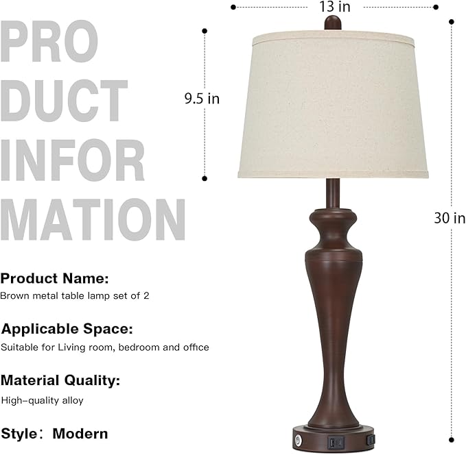 30" Brown Touch Table Lamps Set of 2, 3-Way Bedside Lamp - Image 7