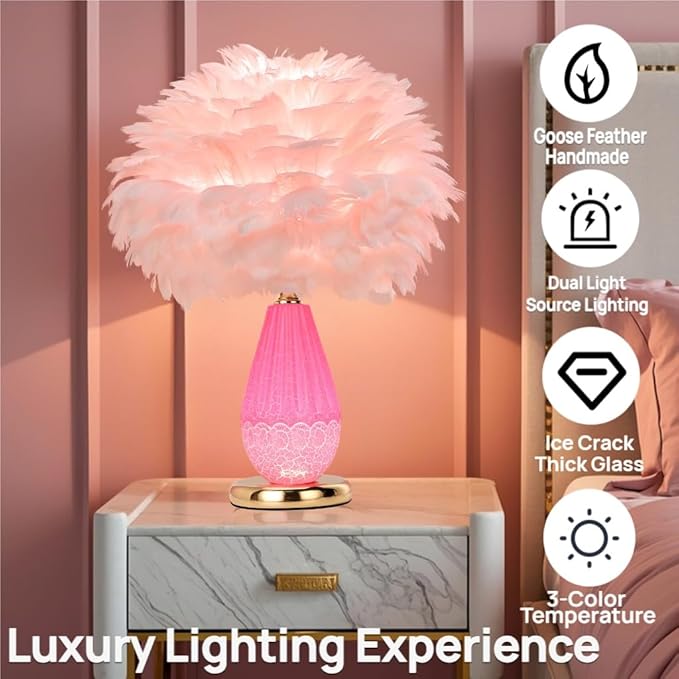 Pink Feather Lamp with Cracked Ice Glass Bottle & Gold Base, Dual Light 3 Color - Image 3