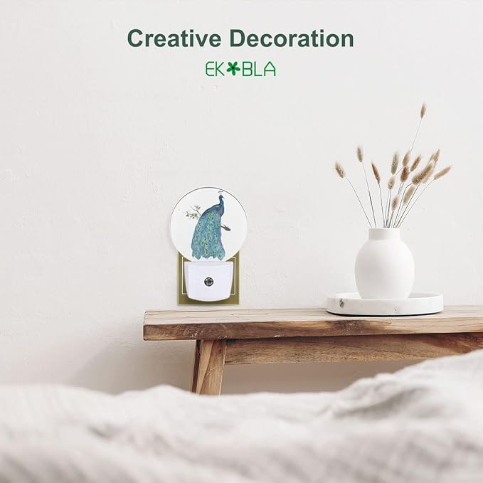 EKOBLA Peacock on Tree Branch Night Light Watercolor Peacock Feather Teal - Image 3