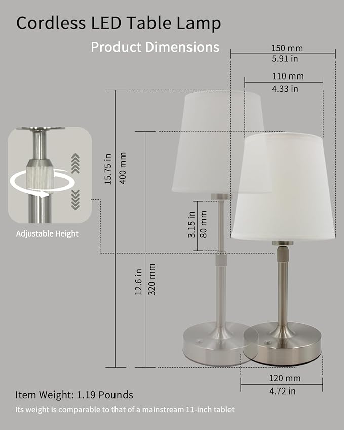 Cordless Table Lamp Rechargeable Touch Silver Mini Small Lamp Adjustable Height - Image 6