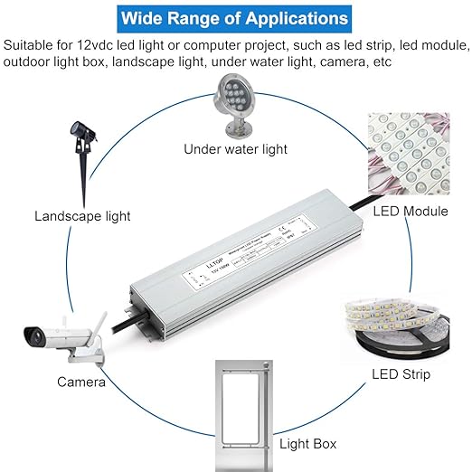 LED Power Supply 150 Watts LLTOP Waterproof IP67 LED Driver 100-264V AC to 12V - Image 6