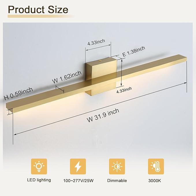 Gold Bathroom Light Fixtures Over Mirror, 32 Inch Brass Bathroom Vanity Light - Image 6