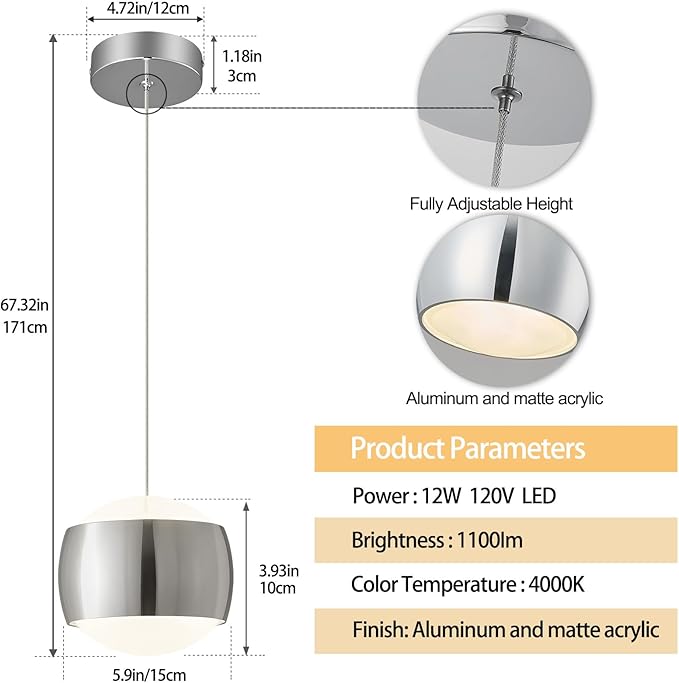 Modern Chrome LED Dimmable Pendant Light fixtures, 6″ Island Pendant Lighting - Image 2