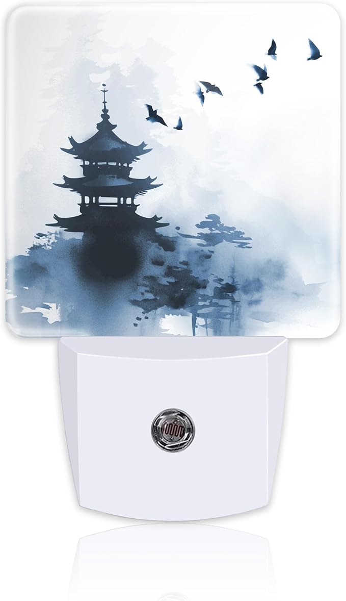 Pagoda and Soaring Birds Night Light Plug into Wall, Watercolor Ink Painting by sndheke