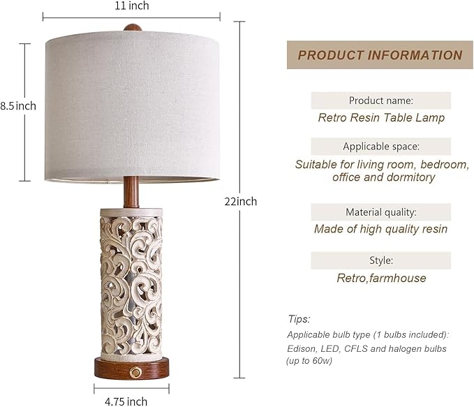 OYEARS 3-Way Dimmable 22'' USB A+C Touch Control Table Lamp - Image 3