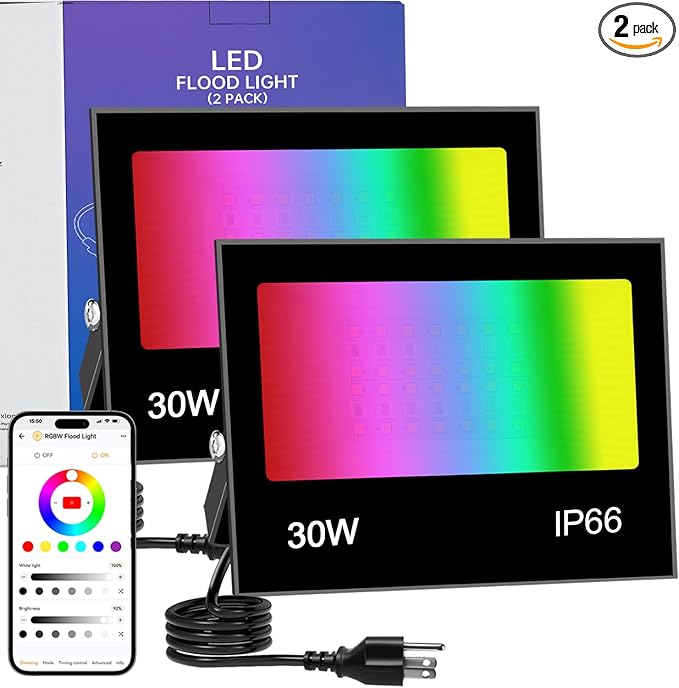 LED Flood Light Outdoor, 30W RGB Color Changing Smart Floodlights 2700K 3000LM by TiYiViRi