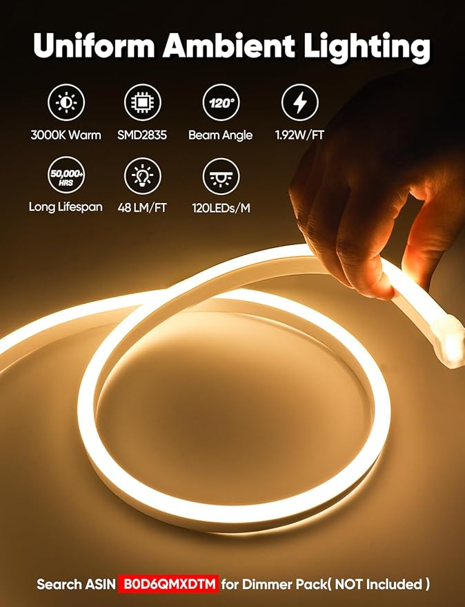 16FT LED Neon Rope Lights 2800K Warm White, AC 110-120V Flexible Neon Strip - Image 4