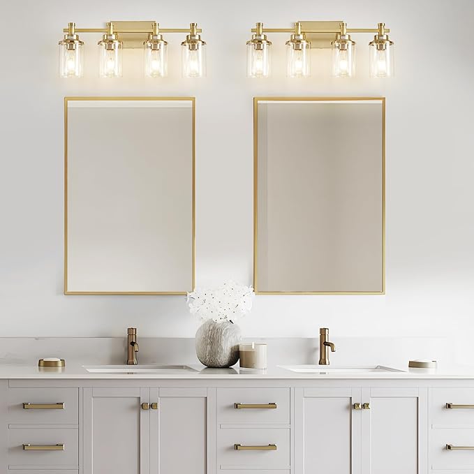 4 Light Brushed Brass Vanity Light Over Mirror, Vintage Wall Sconce - Image 2