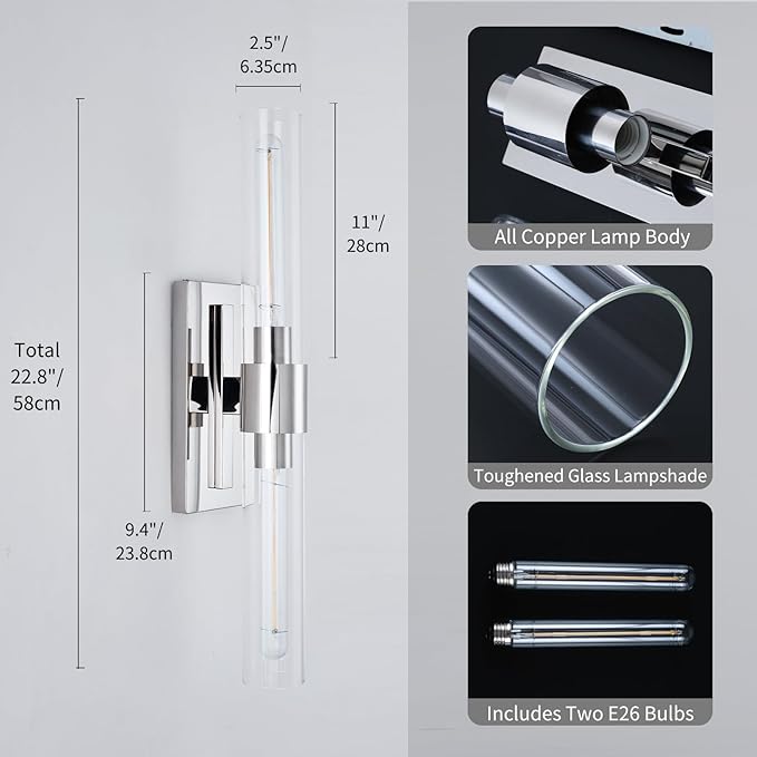 Bathroom Vanity Light Fixtures, Glass Tube Wall Sconces Set of 2, Nickel - Image 2