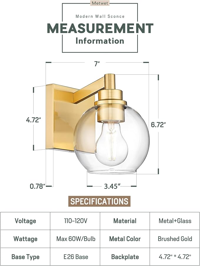 Wall Sconces Set of 2, 1-Light Brushed Gold Sconces Wall Lighting - Image 2