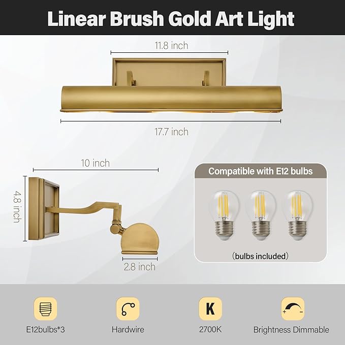 Gold Hardwired Art Picture Light: 18 Inch Long Painting Lights - Image 3