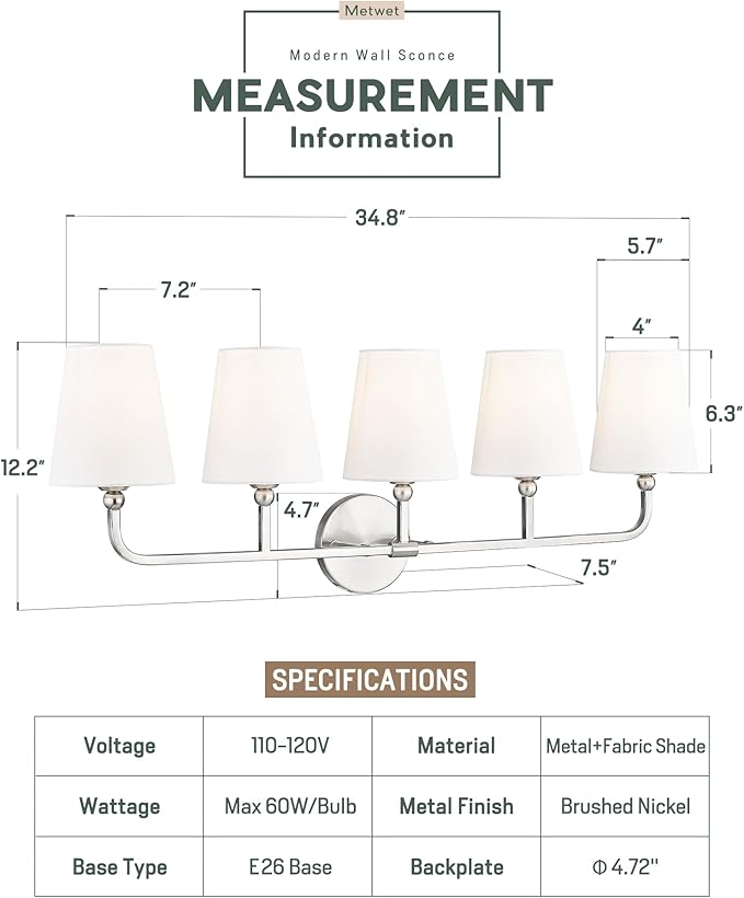 Bathroom Light Fixtures, 5 Light Brushed Nickel Vanity Lights - Image 2