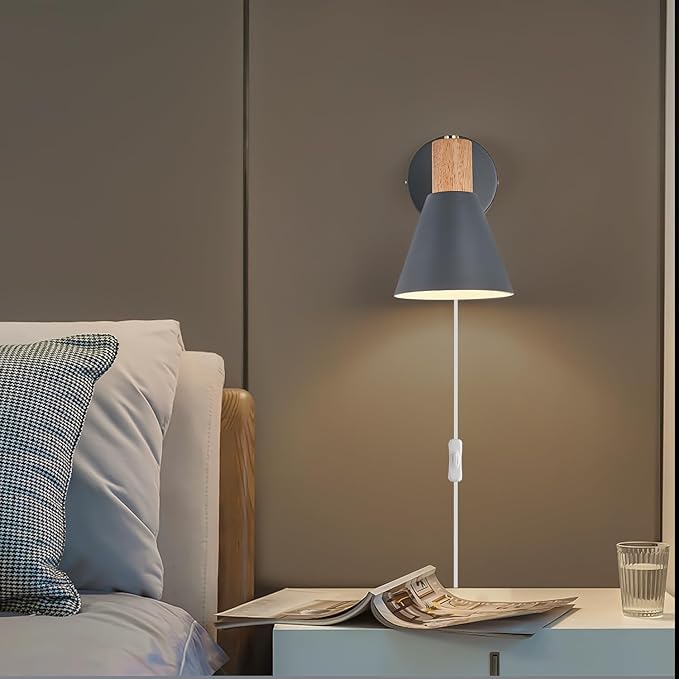 Plug in Wall Sconces Lighting Fixture Pack of 2, Wooden Adjustable Bedside Wall - Image 5